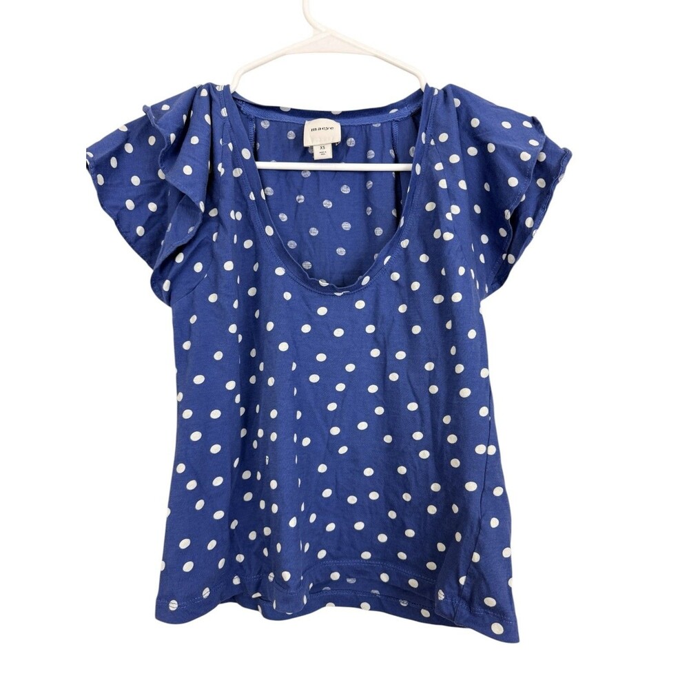 Maeve By Anthropologie Blue White Polka Dot Top Sz XS Flutter Layer Short Sleeve